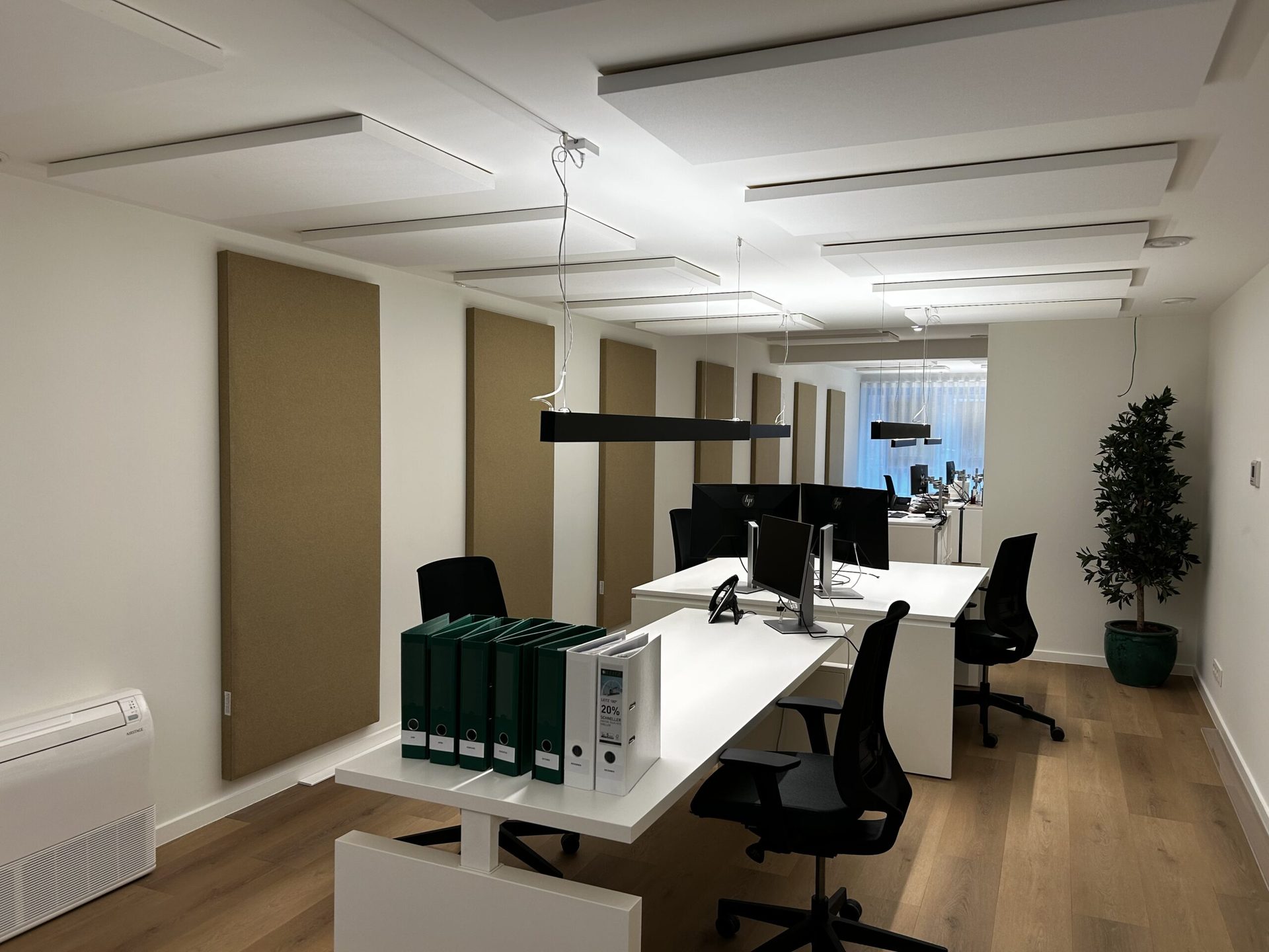 Akoestische panelen voor geluidsdemping in een kantoorruimte